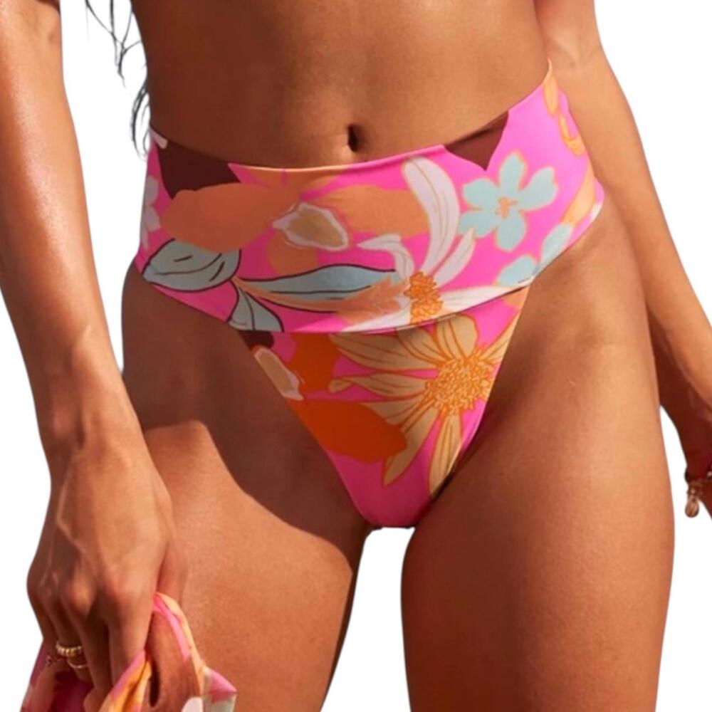 Aerie Swim Bottom Womens Pink Floral Banded High Cut Cheeky Bikini Tropical XXL - Picture 10 of 10